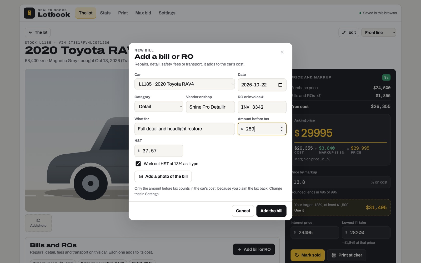 Adding a detail bill to a car, with HST worked out