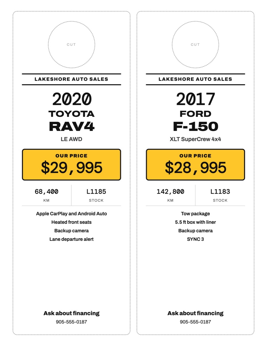 Two mirror hang tags on one page, for a RAV4 and an F-150