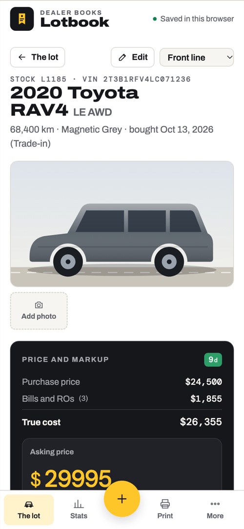 A car's page on a phone, with its price and markup card