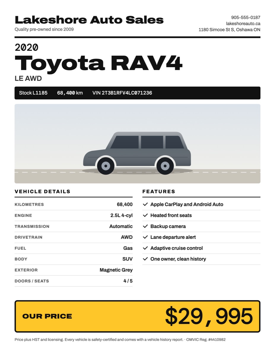 A printed window sticker for a 2020 Toyota RAV4 with details, features and a yellow price box